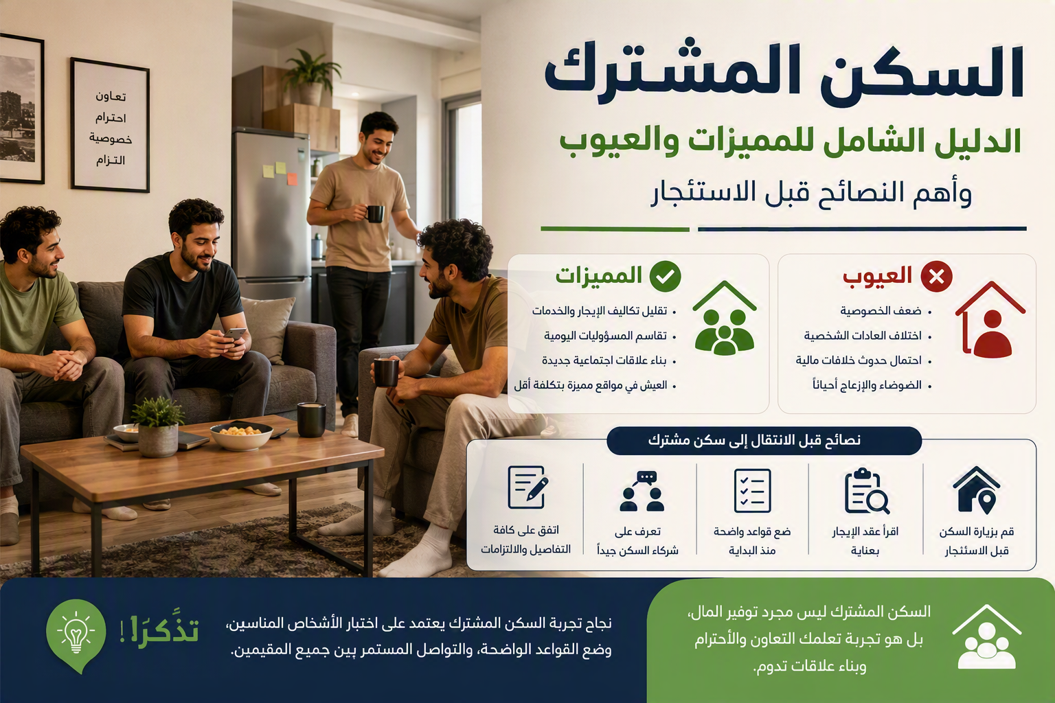 الدليل الشامل للسكن المشترك في السعودية 2026: المميزات، العيوب، الأسعار، والنصائح قبل الاستئجار